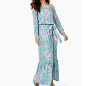 Lilly Pulitzer Odella Off-The-Shoulder Maxi Dress Amalfi Blue Best Fishes Sz M